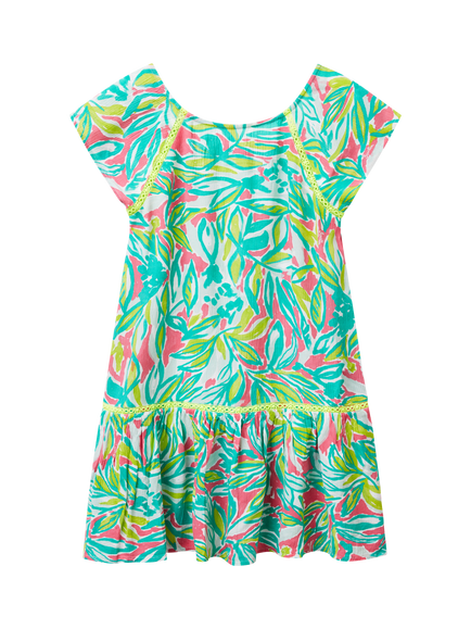 Benetton Kids' Short Sleeve Leaf Print Crochet Dress, Multicolor, Multicolor