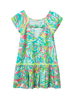 Benetton Kids' Short Sleeve Leaf Print Crochet Dress, Multicolor - view 2, Multicolor