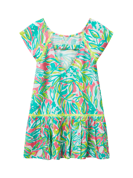 Benetton Kids' Short Sleeve Leaf Print Crochet Dress, Multicolor - view 2, Multicolor