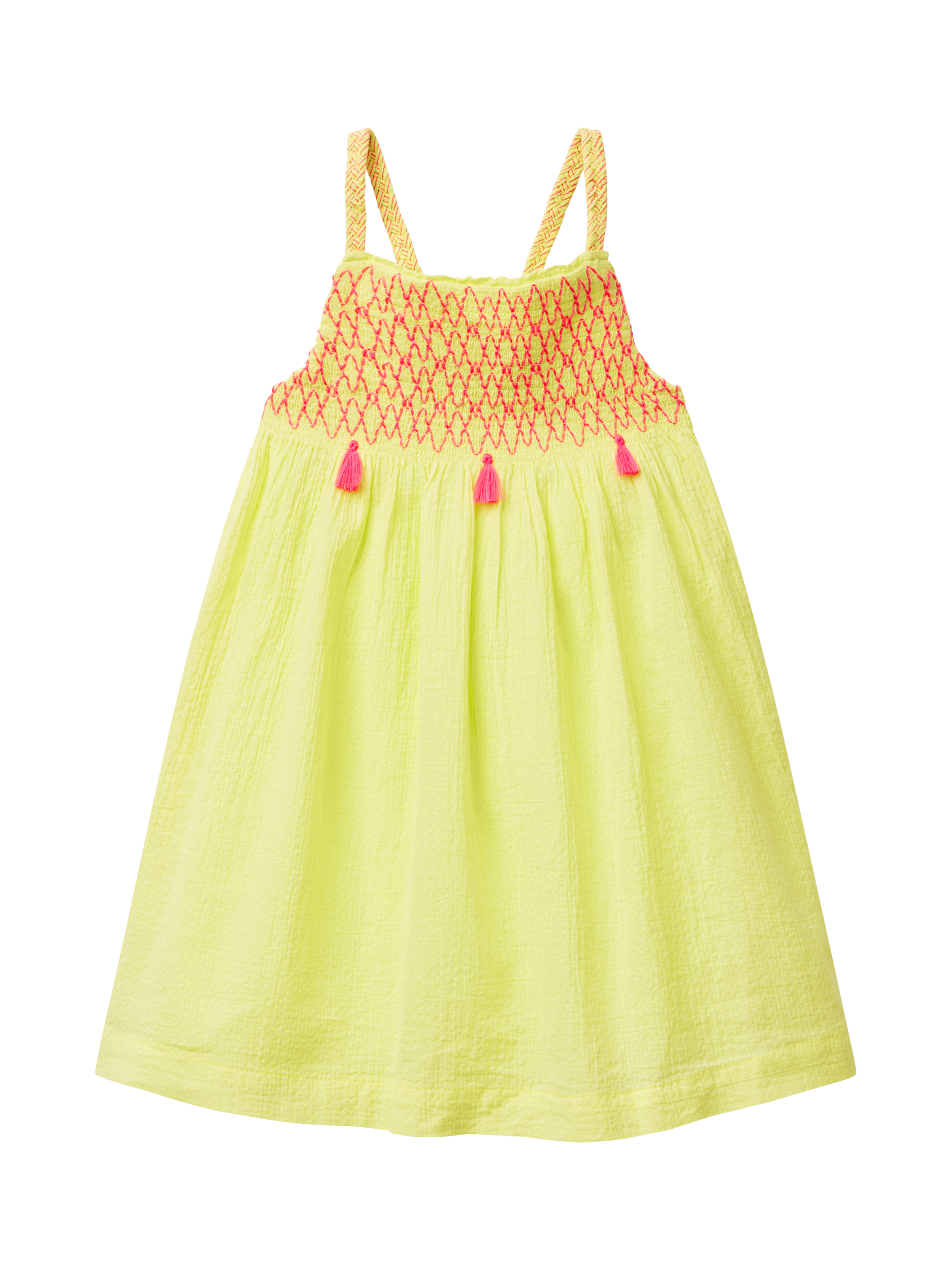 Product image 1 of 3, which shows Benetton Kids' Cotton Sleeveless Crochet Tassel Dress, Lime, 3-4 years