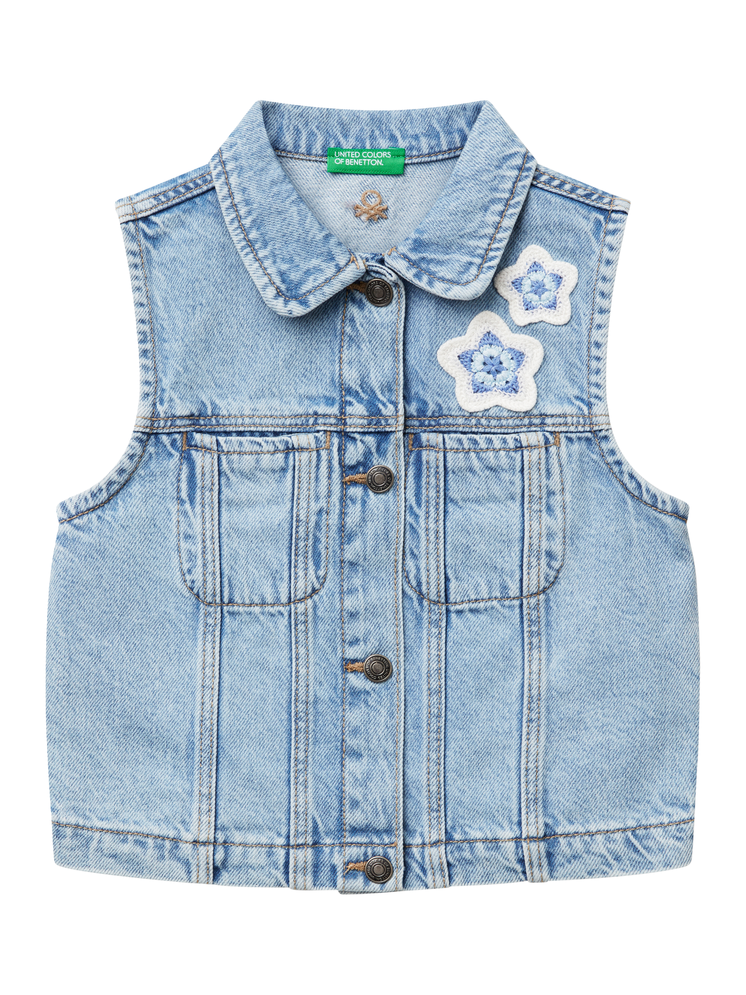 Product image 1 of 3, which shows Benetton Kids' Denim Sleeveless Embroidered Waistcoat, Light Blue Denim, 3-4 years