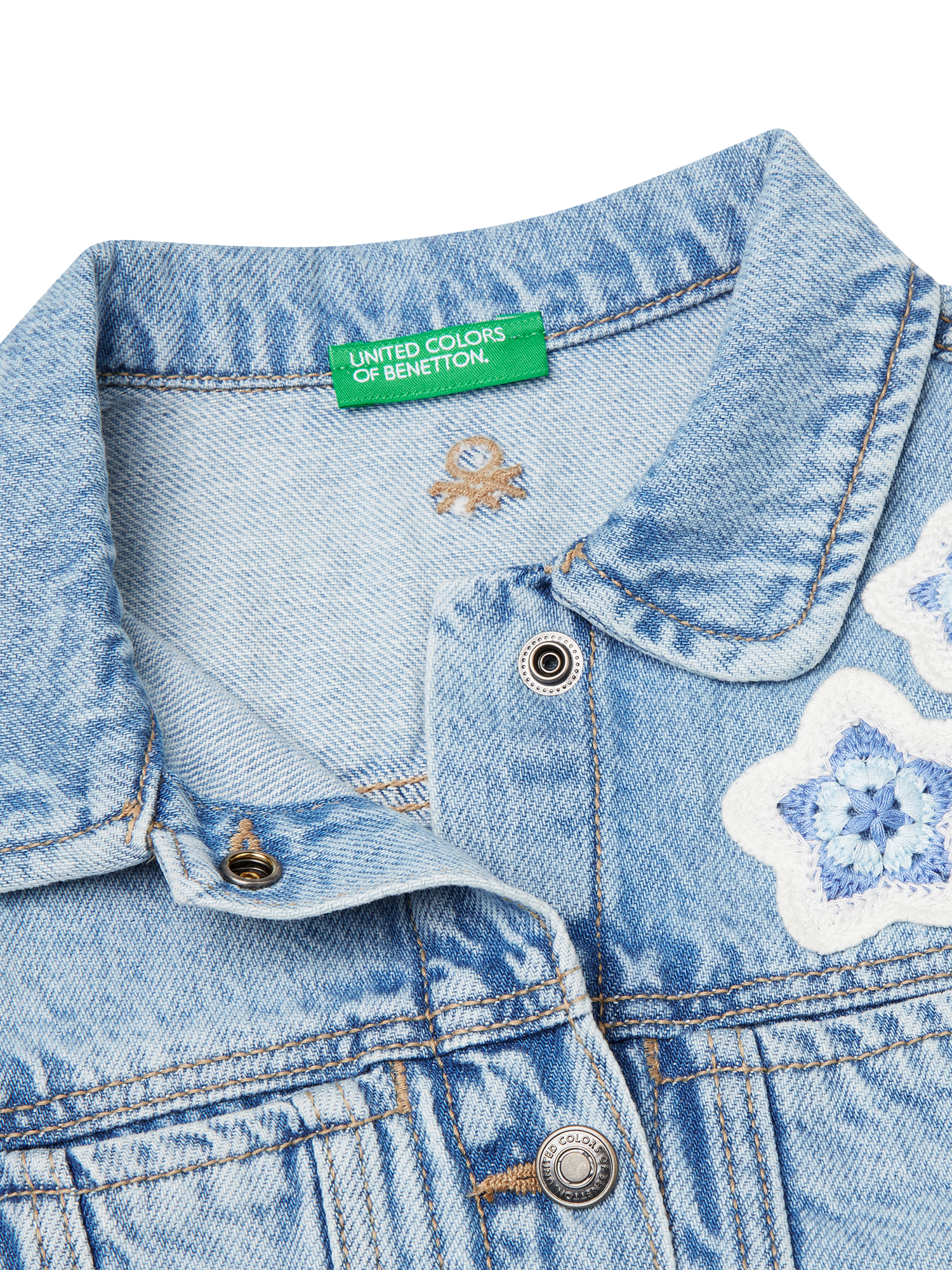 Product image 3 of 3, which shows Benetton Kids' Denim Sleeveless Embroidered Waistcoat, Light Blue Denim, 3-4 years