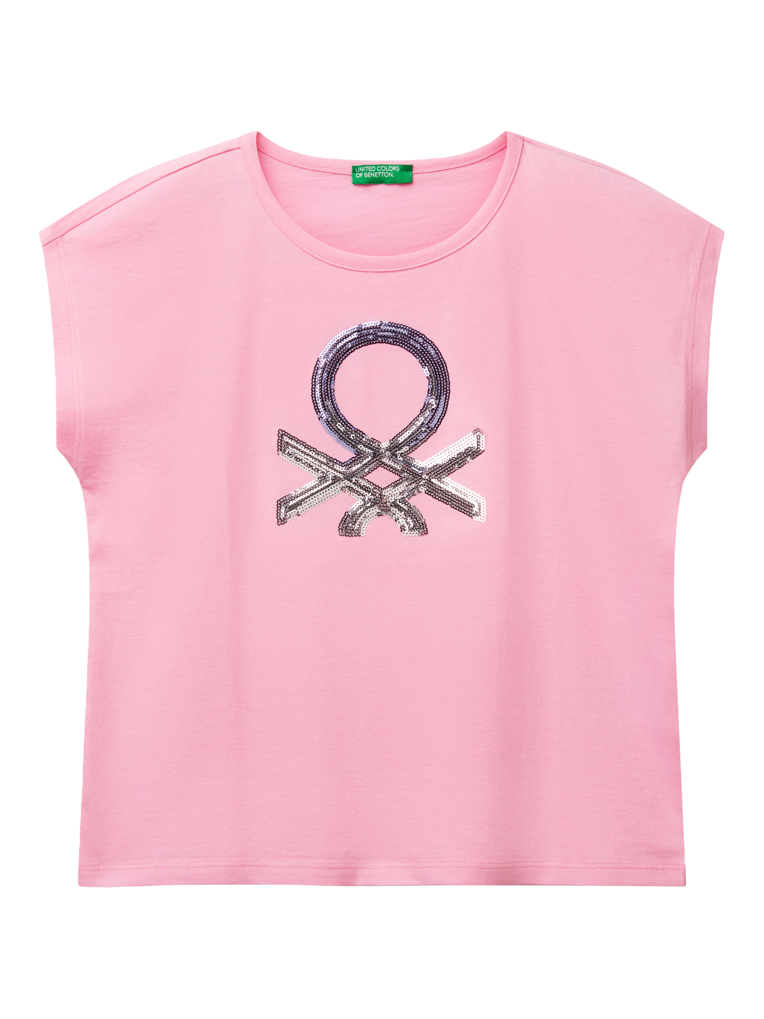 Product image 1 of 3, which shows Benetton Kids' Cotton Round Neck Sequin Logo T-Shirt, Pink, 6-7 years