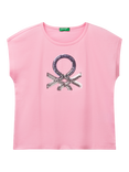 Benetton Kids' Cotton Round Neck Sequin Logo T-Shirt, Pink