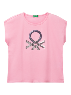 Benetton Kids' Cotton Round Neck Sequin Logo T-Shirt, Pink, Pink