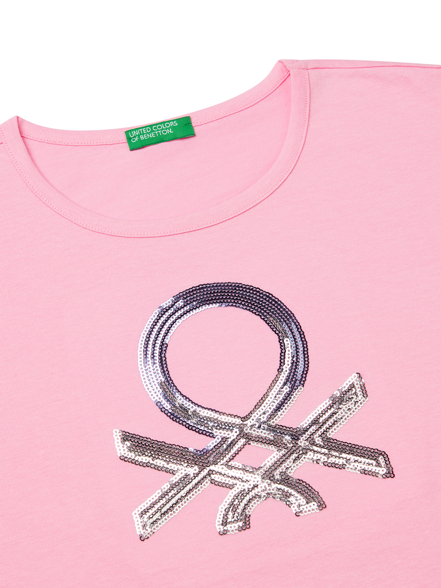Product image 3 of 3, which shows Benetton Kids' Cotton Round Neck Sequin Logo T-Shirt, Pink, 6-7 years