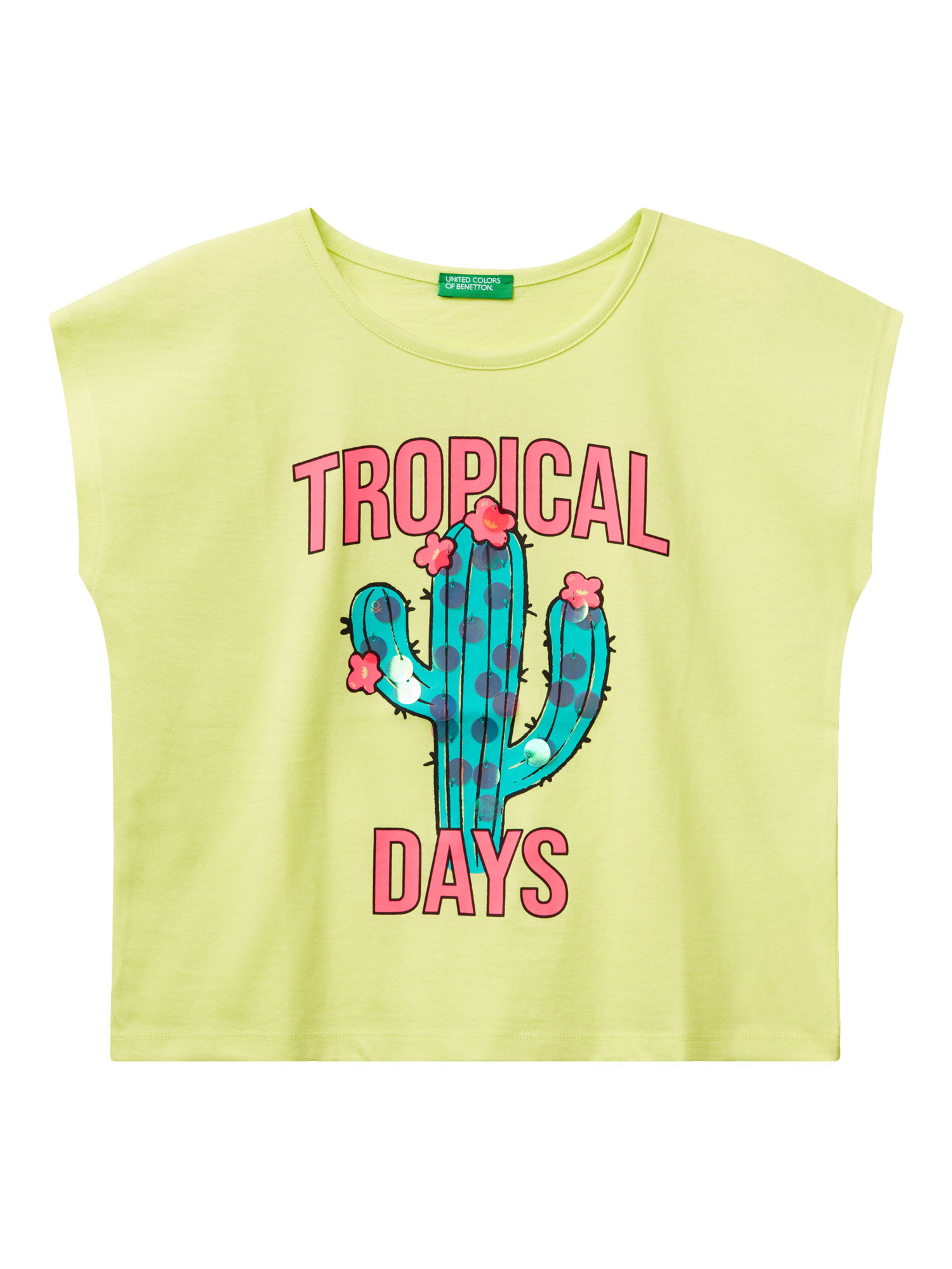 Product image 1 of 3, which shows Benetton Kids' Cotton Tropical Cactus T-Shirt, Lime, 6-7 years