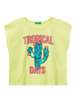 Benetton Kids' Cotton Tropical Cactus T-Shirt, Lime, Lime