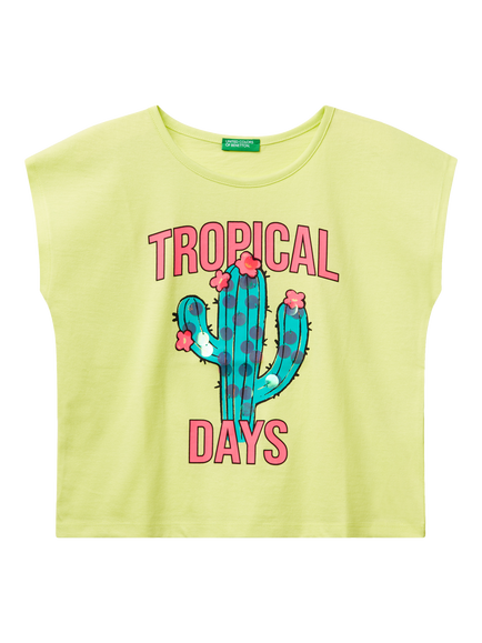 Benetton Kids' Cotton Tropical Cactus T-Shirt, Lime, Lime