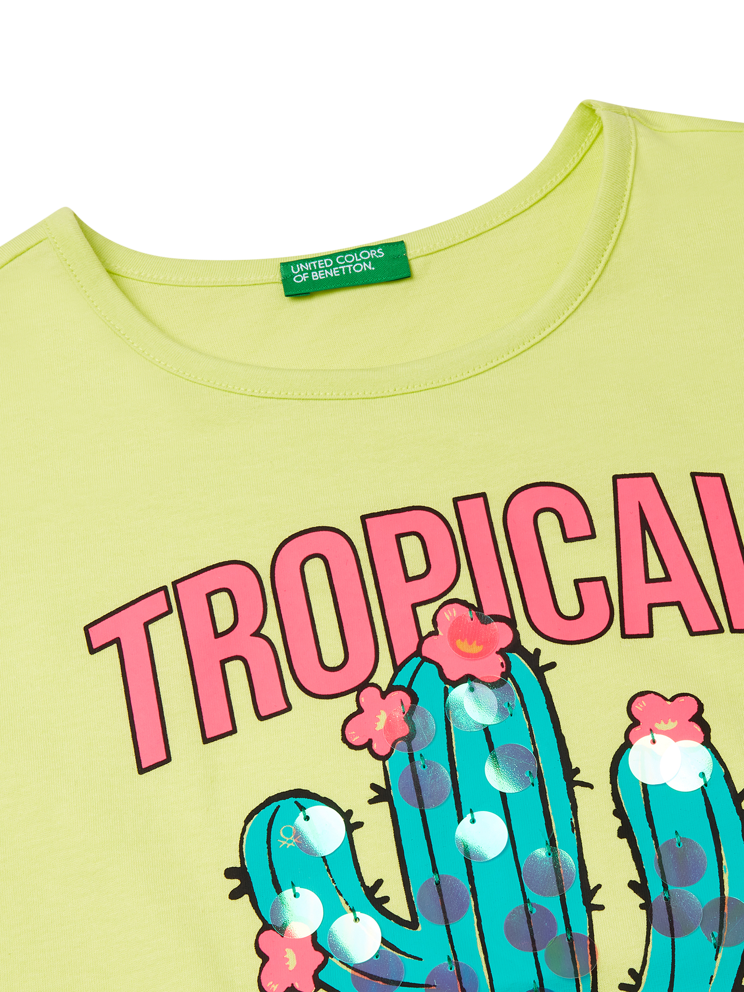 Product image 3 of 3, which shows Benetton Kids' Cotton Tropical Cactus T-Shirt, Lime, 6-7 years