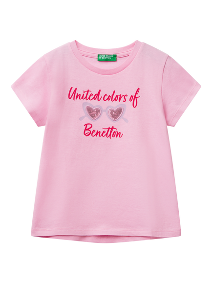 Benetton Kids' Crew Neck Sequin Sunglasses T-Shirt, Pink, Pink