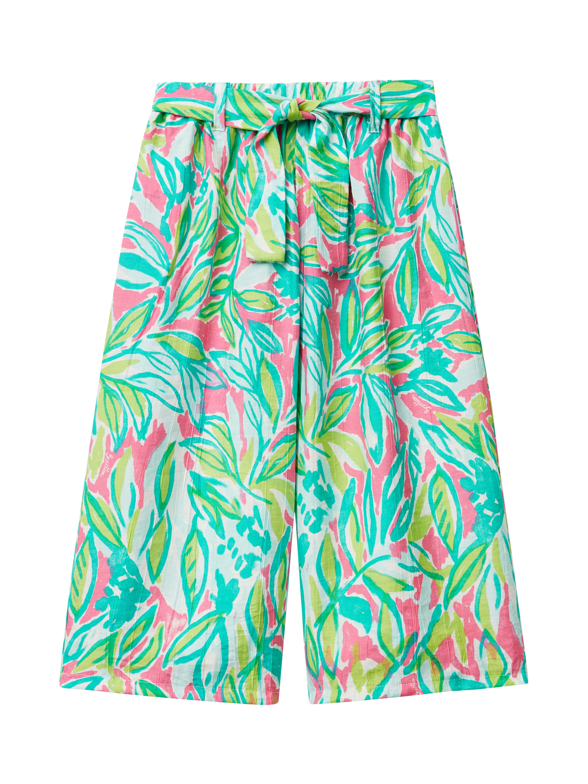 Product image 1 of 3, which shows Benetton Kids' Elasticated Leaf Print Cropped Trousers, Green/Multi, 3-4 years