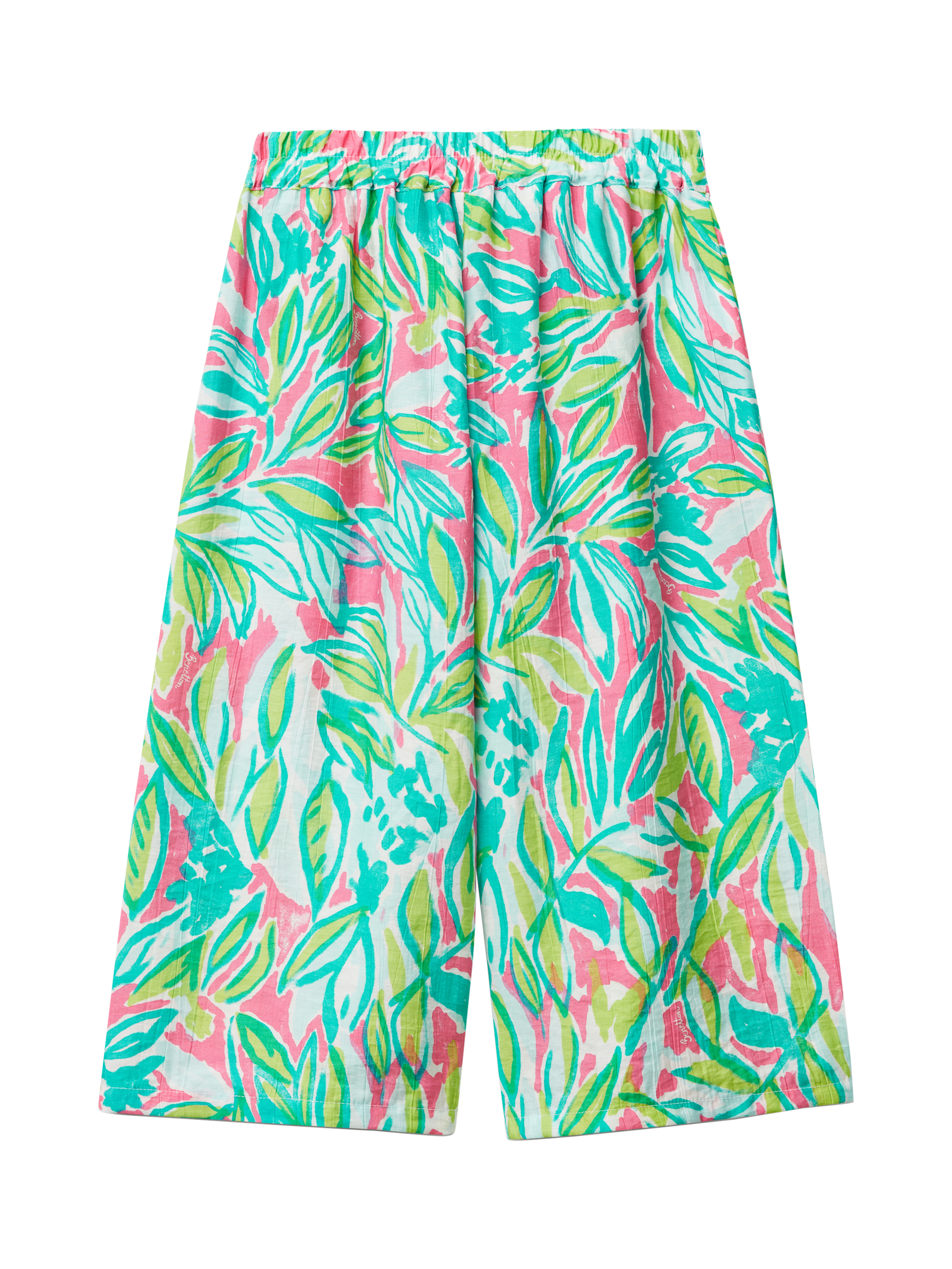 Product image 2 of 3, which shows Benetton Kids' Elasticated Leaf Print Cropped Trousers, Green/Multi, 3-4 years