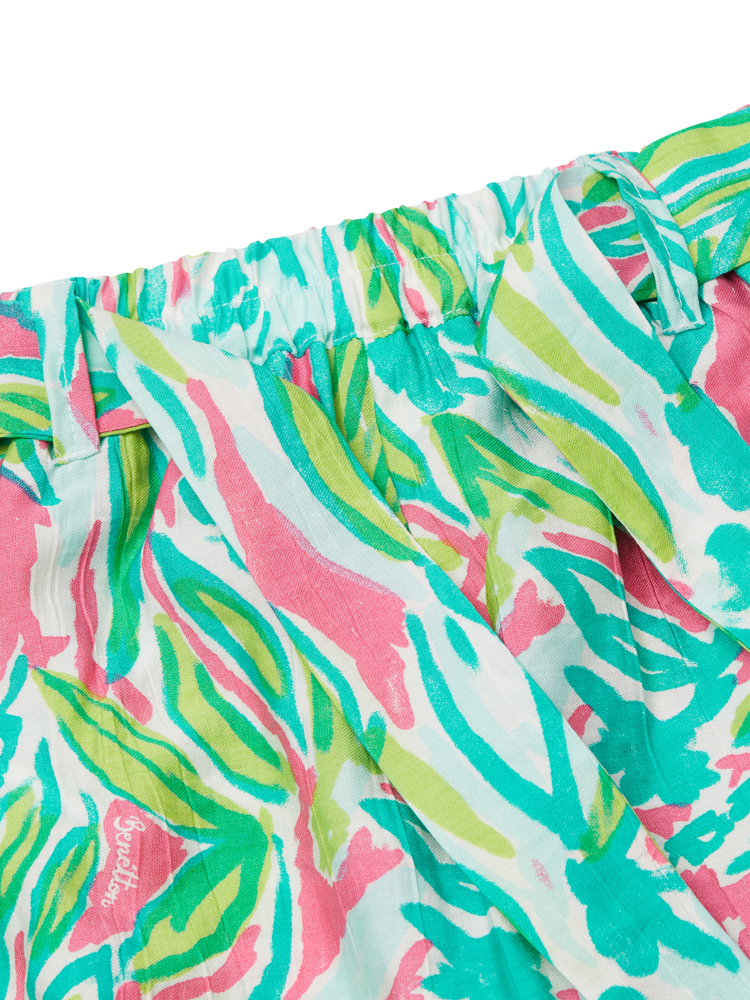 Product image 3 of 3, which shows Benetton Kids' Elasticated Leaf Print Cropped Trousers, Green/Multi, 3-4 years