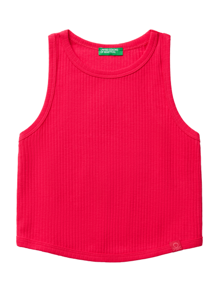 Benetton Kids' Ribbed Cotton Sleeveless Vest Top, Fuchsia