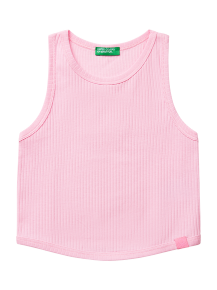 Benetton Kids' Ribbed Cotton Sleeveless Tank Top, Pink