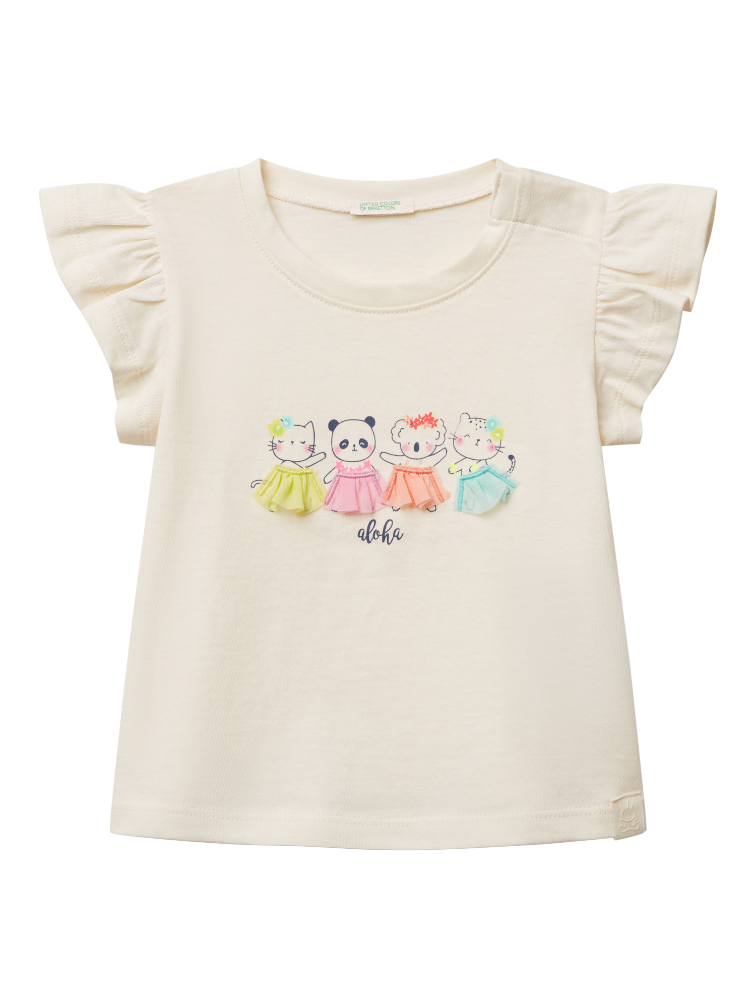 Product image 1 of 3, which shows Benetton Baby Cotton Cap Sleeved Tutu Graphic T-Shirt, White Cream, 1-3 months