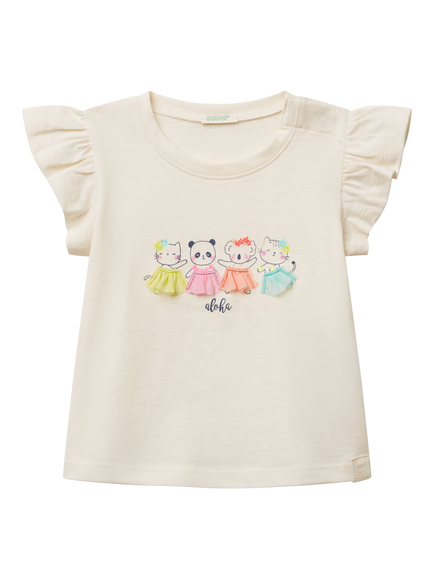 Benetton Baby Cotton Cap Sleeved Tutu Graphic T-Shirt, White Cream