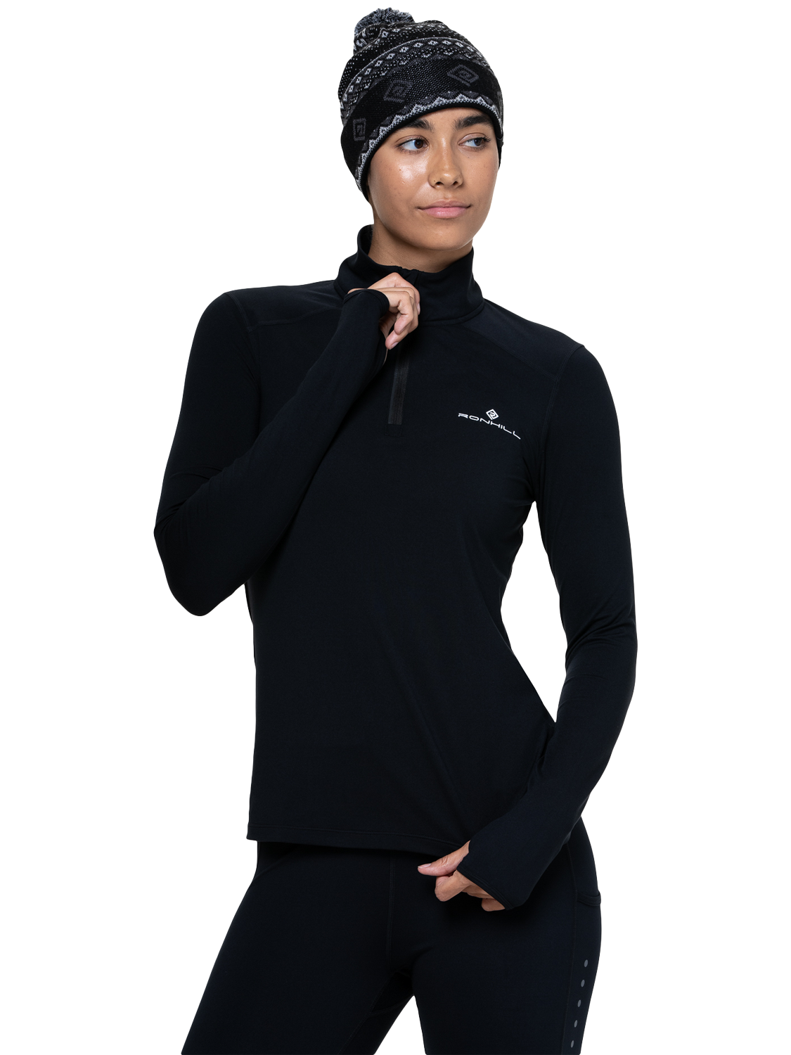 Product image 1 of 3, which shows Ronhill Core Thermal 1/2 Zip Top, Black/Bright White, 8