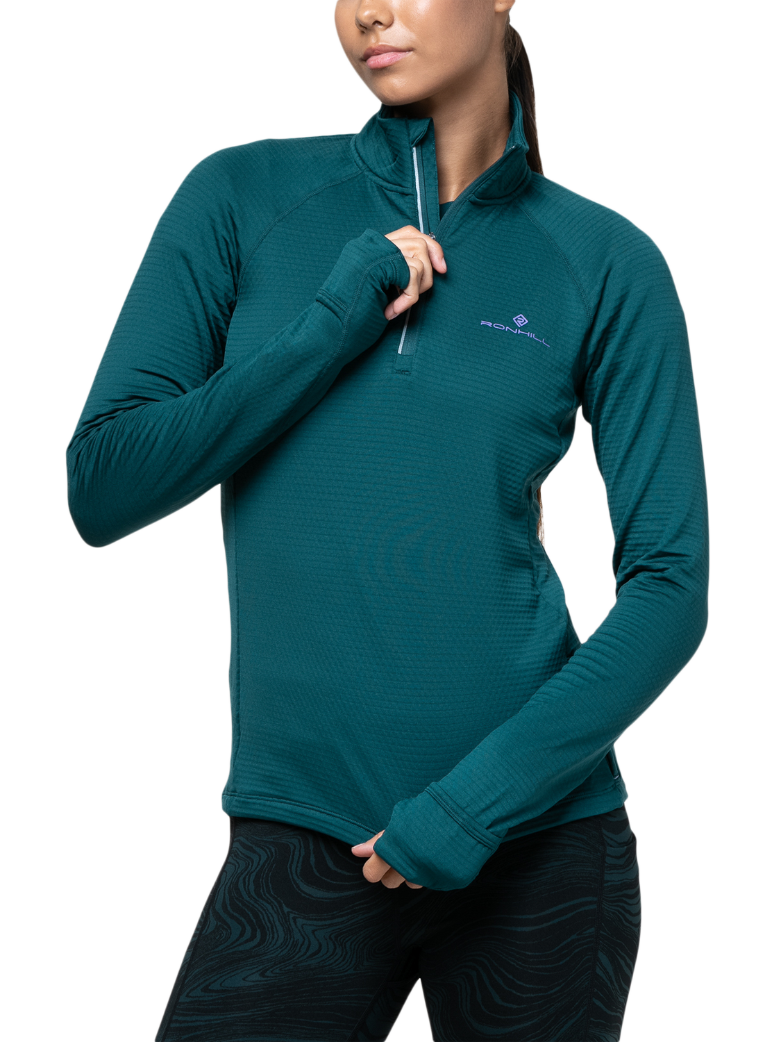 Product image 1 of 5, which shows Ronhill Tech Winter 1/2 Zip Top, Seaweed/Iris, 8
