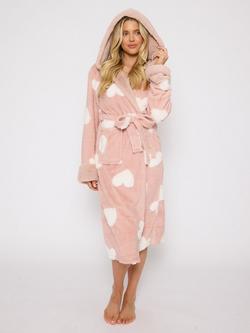 Loungeable Jacquard Heart Hooded Dressing Gown, Pink, Pink