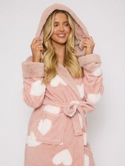Loungeable Jacquard Heart Hooded Dressing Gown, Pink - view 2, Pink