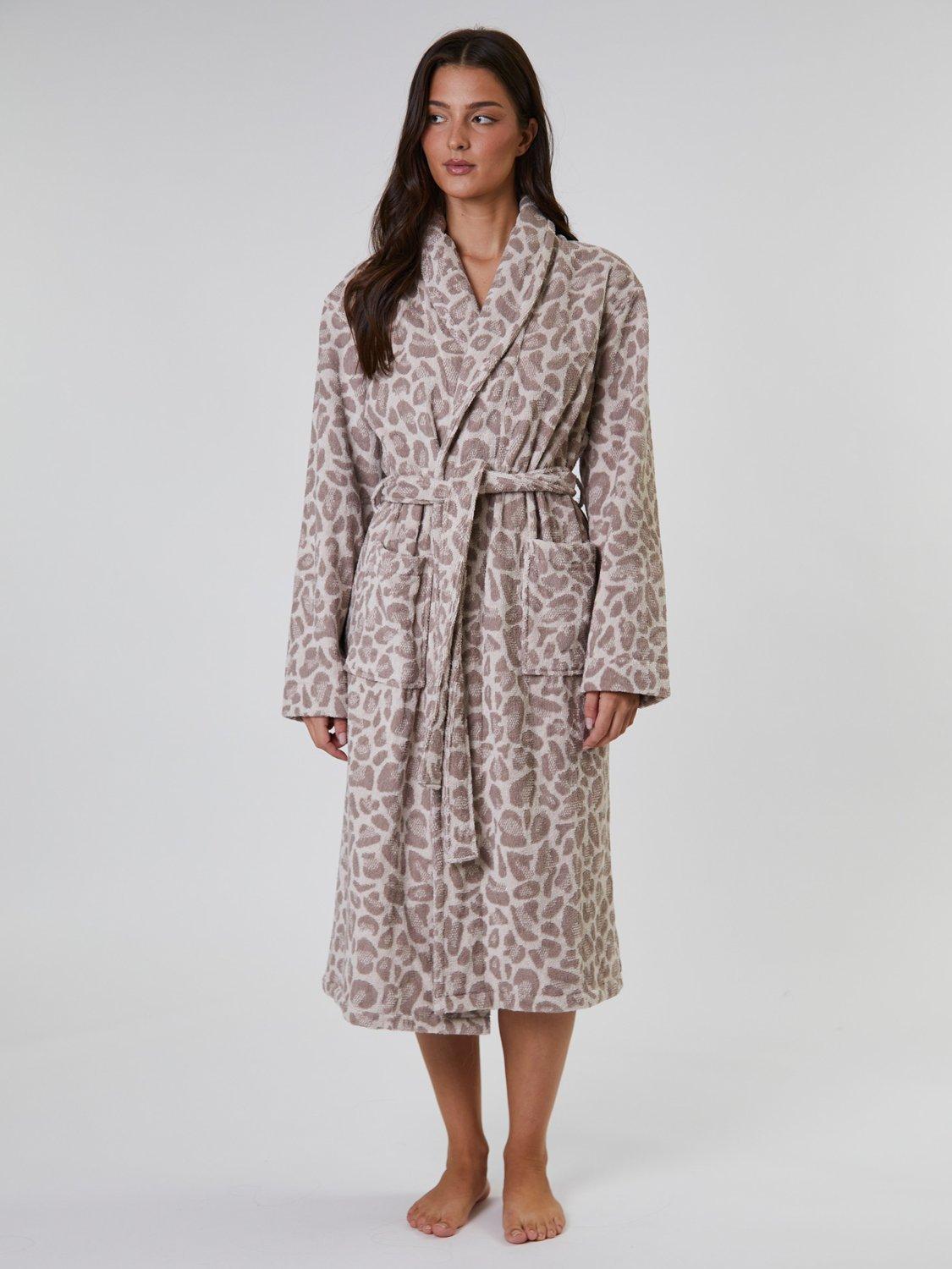 Product image 1 of 5, which shows Loungeable Leopard Print Shawl Neck Dressing Gown, Taupe, L