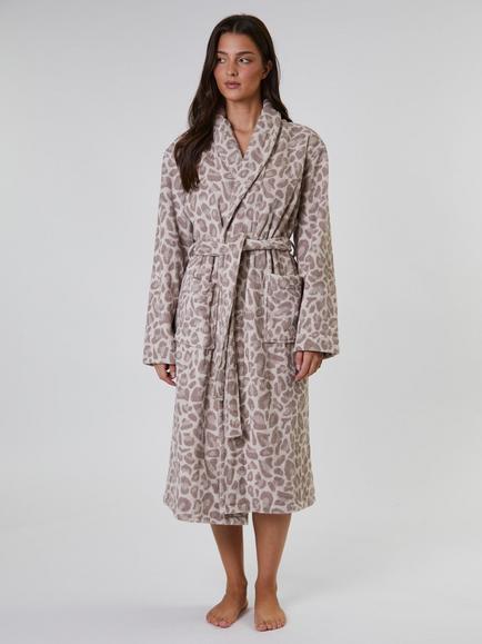 Loungeable Leopard Towelling Shawl Robe, Taupe, Taupe