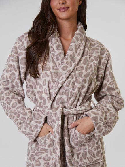 Loungeable Leopard Towelling Shawl Robe, Taupe - view 2, Taupe