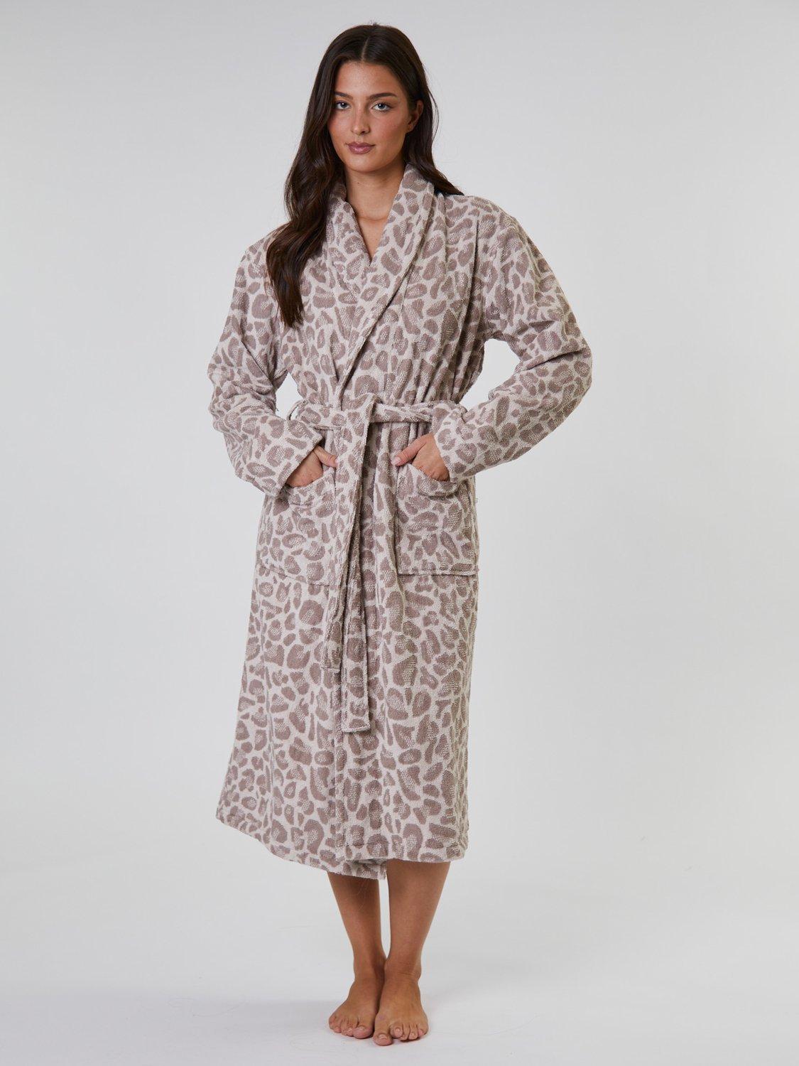 Product image 3 of 5, which shows Loungeable Leopard Print Shawl Neck Dressing Gown, Taupe, L