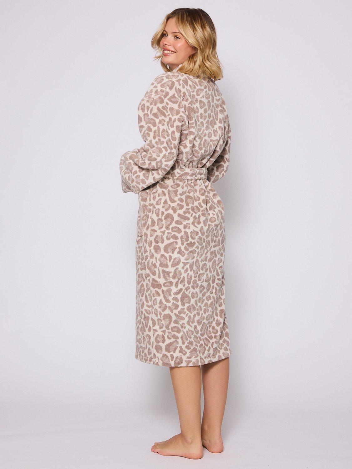 Product image 5 of 5, which shows Loungeable Leopard Print Shawl Neck Dressing Gown, Taupe, L