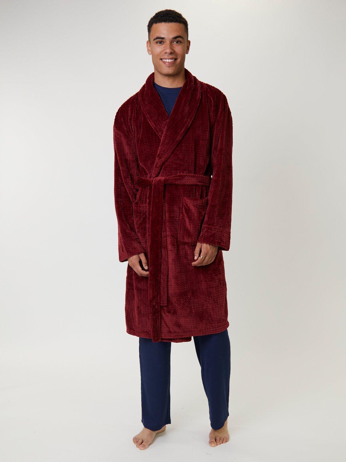 Product image 1 of 5, which shows Loungeable Waffle Cut Fleece Shawl Collar Dressing Gown, Burgundy, L
