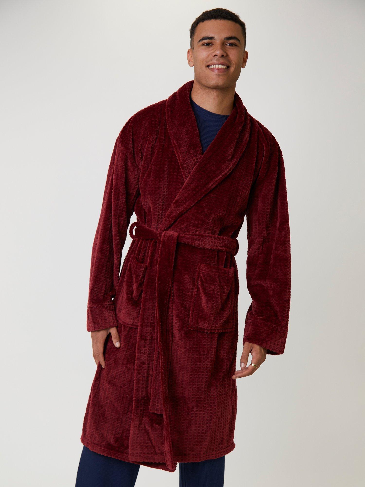 Product image 2 of 5, which shows Loungeable Waffle Cut Fleece Shawl Collar Dressing Gown, Burgundy, L