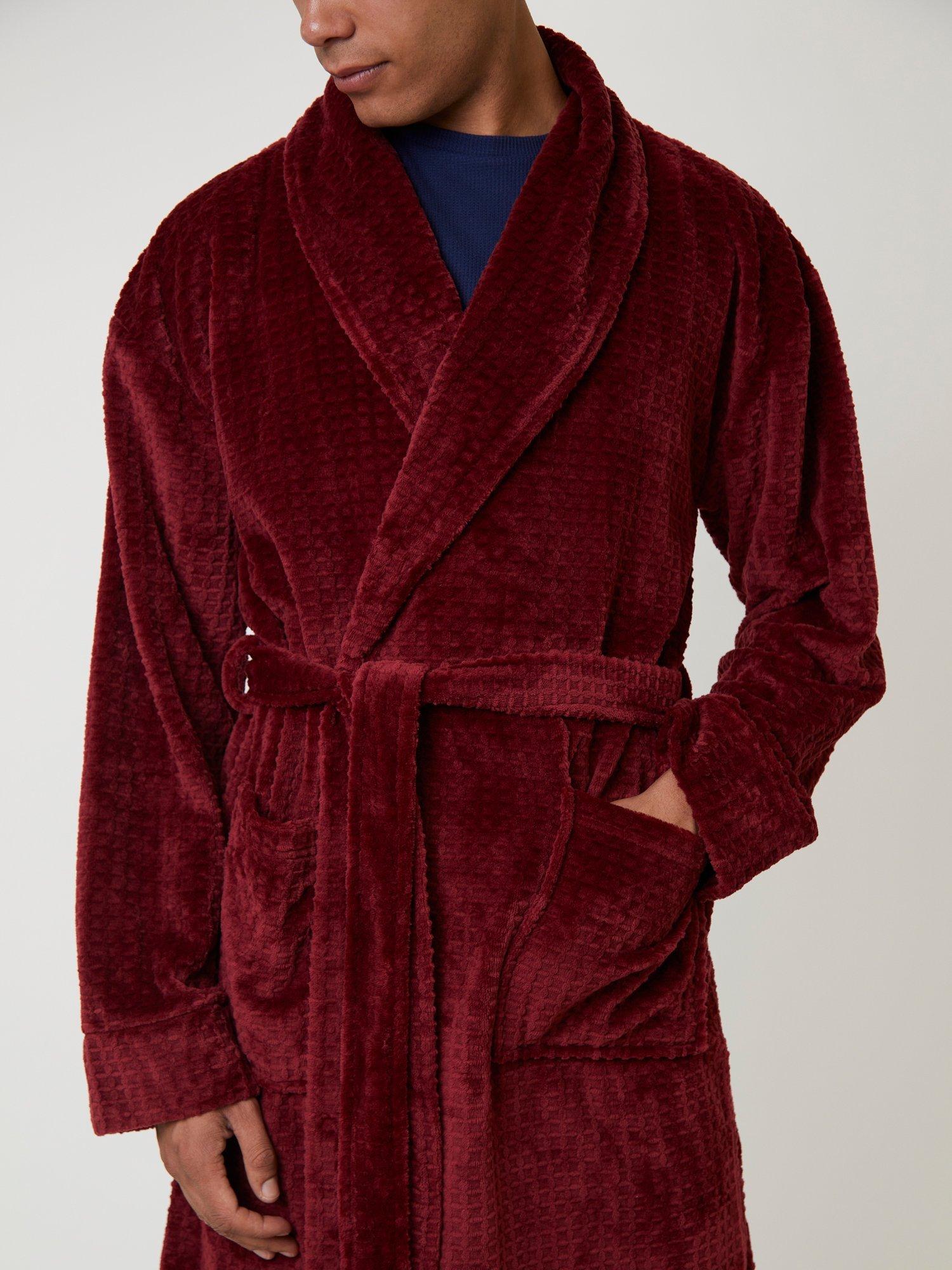 Product image 3 of 5, which shows Loungeable Waffle Cut Fleece Shawl Collar Dressing Gown, Burgundy, L