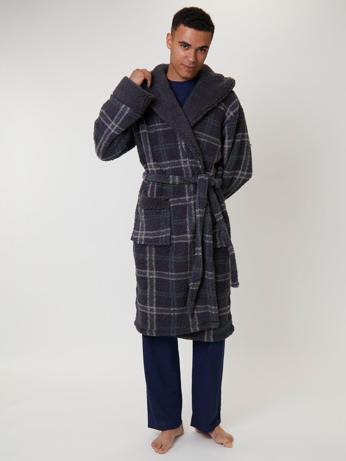 Product image 1 of 4, which shows Loungeable Check Sherpa Hooded Dressing Gown, Grey, L