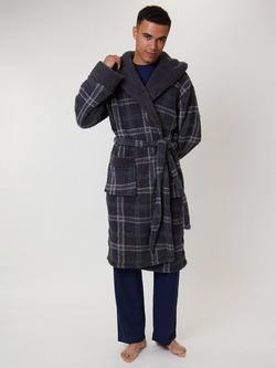 Loungeable Check Sherpa Hooded Dressing Gown, Grey, Grey