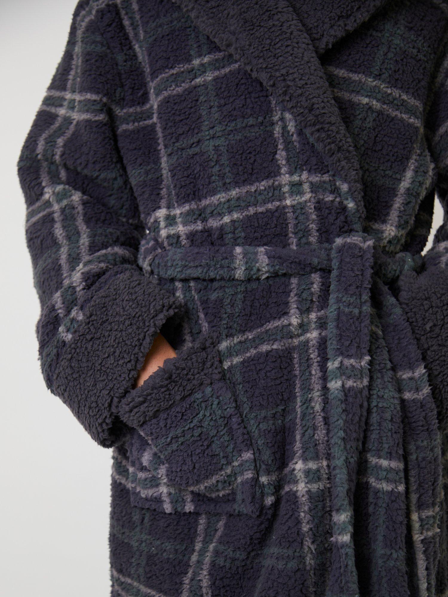 Product image 2 of 4, which shows Loungeable Check Sherpa Hooded Dressing Gown, Grey, L