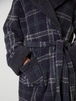 Loungeable Check Sherpa Hooded Dressing Gown, Grey - view 2, Grey