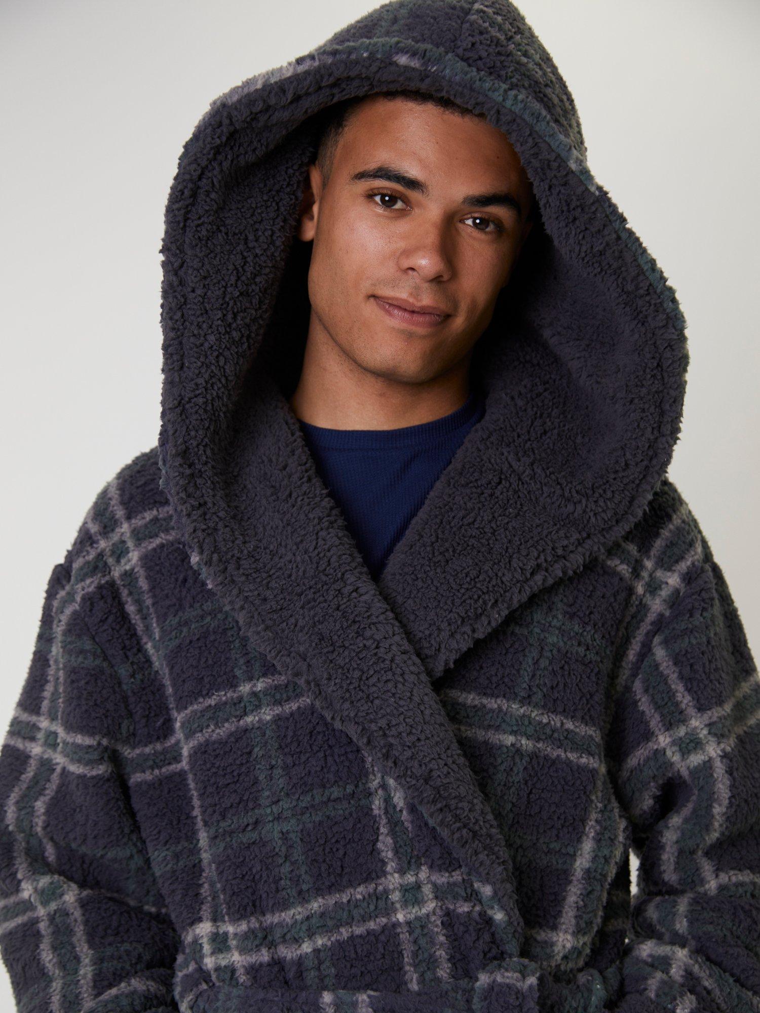 Product image 3 of 4, which shows Loungeable Check Sherpa Hooded Dressing Gown, Grey, L