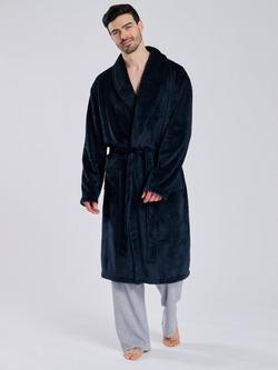 Loungeable Waffle Cut Fleece Shawl Collar Dressing Gown, Navy