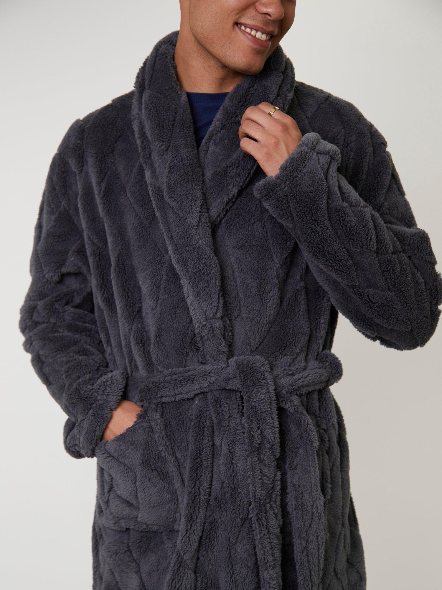 Product image 2 of 4, which shows Loungeable Diamond Cut Shawl Dressing Gown, Grey, L