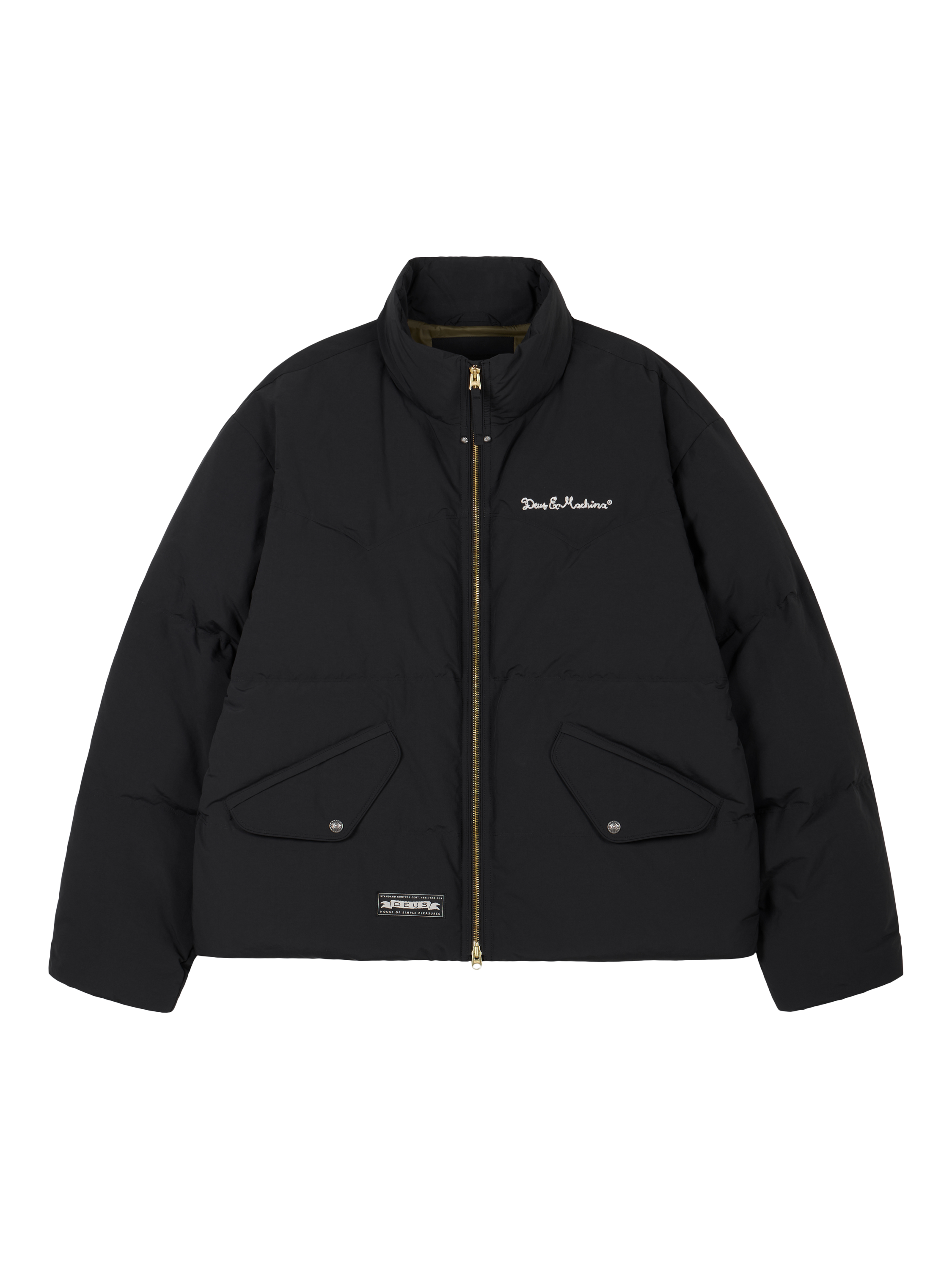 Product image 1 of 8, which shows Deus ex Machina Noodle Down Zip Front Puffer Jacket, Black, L