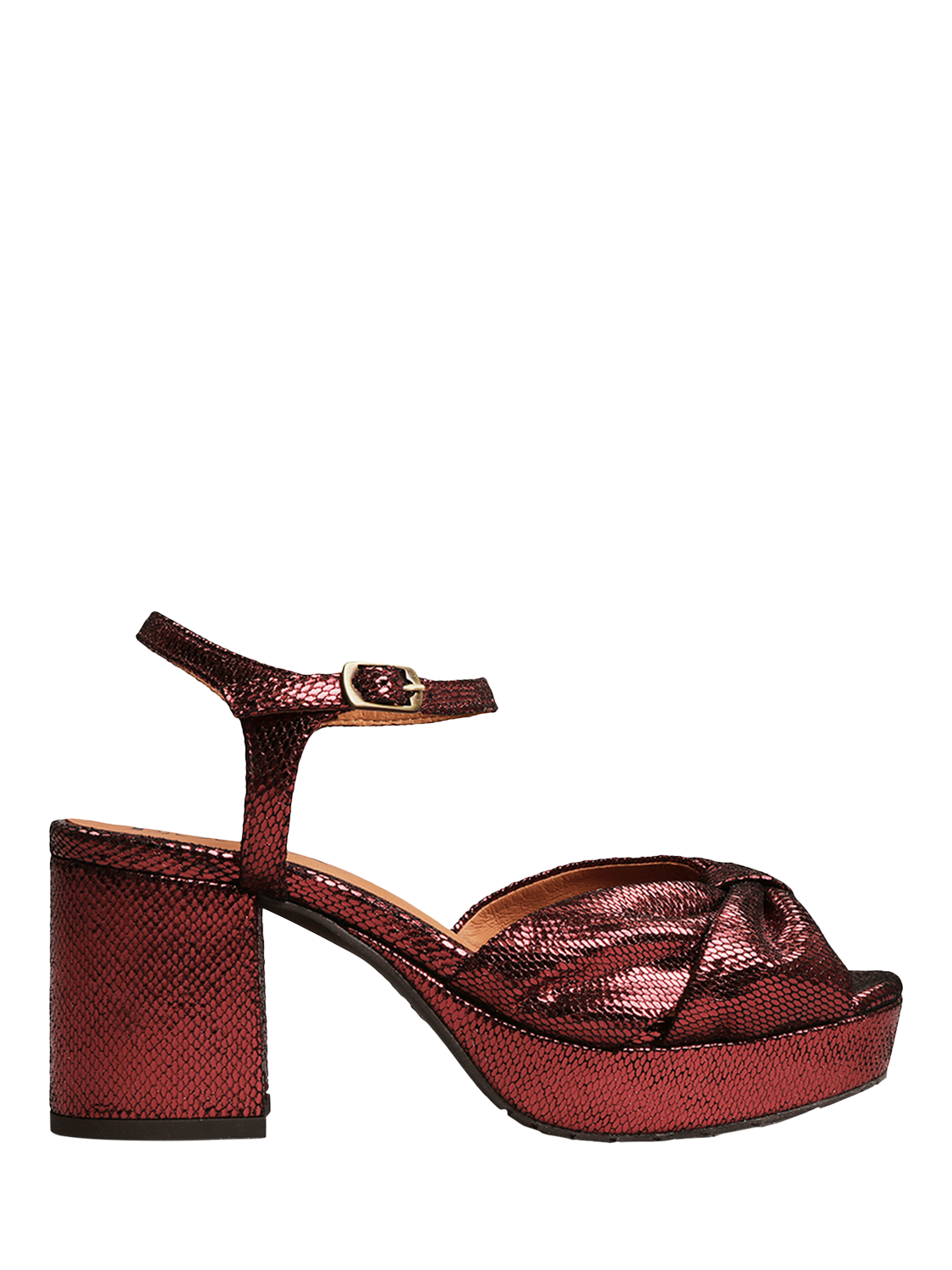 Product image 1 of 6, which shows Esska Chilli Metallic Leather Bow Block Heel Sandals, Brick Metallic, EU37