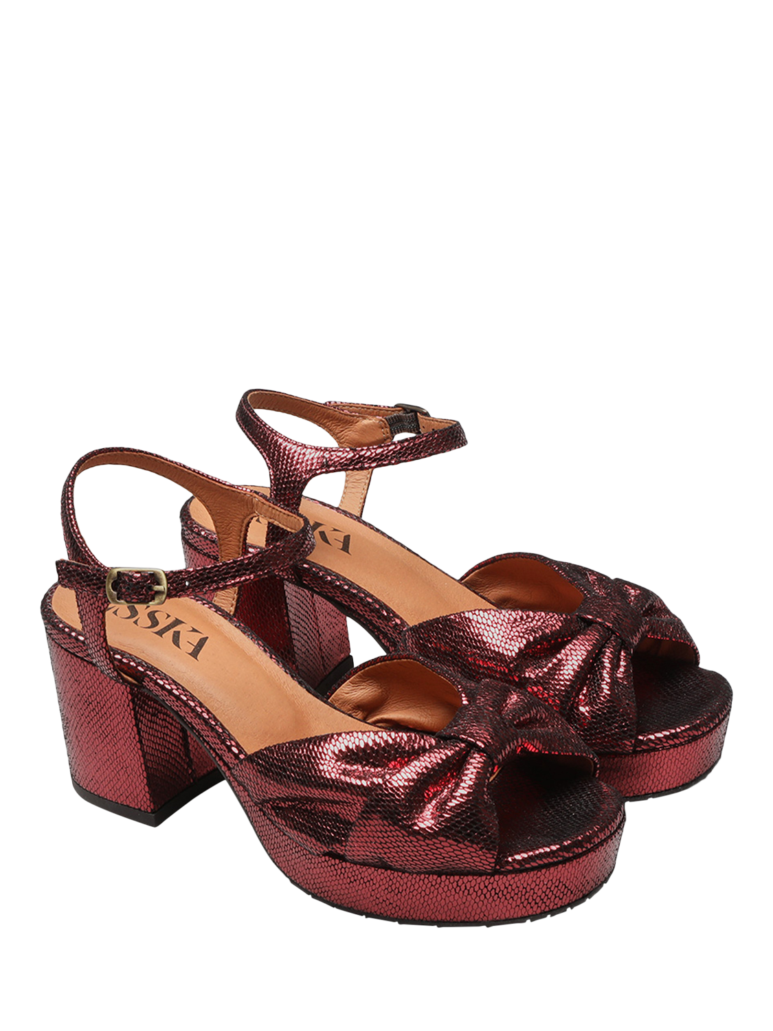 Product image 2 of 6, which shows Esska Chilli Metallic Leather Bow Block Heel Sandals, Brick Metallic, EU37
