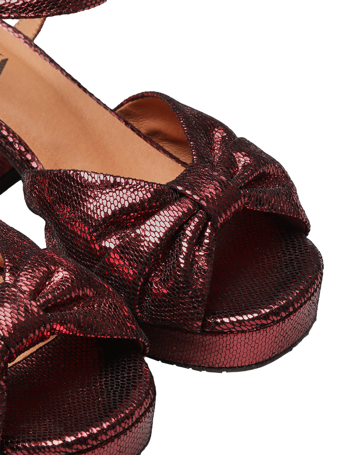 Product image 4 of 6, which shows Esska Chilli Metallic Leather Bow Block Heel Sandals, Brick Metallic, EU37