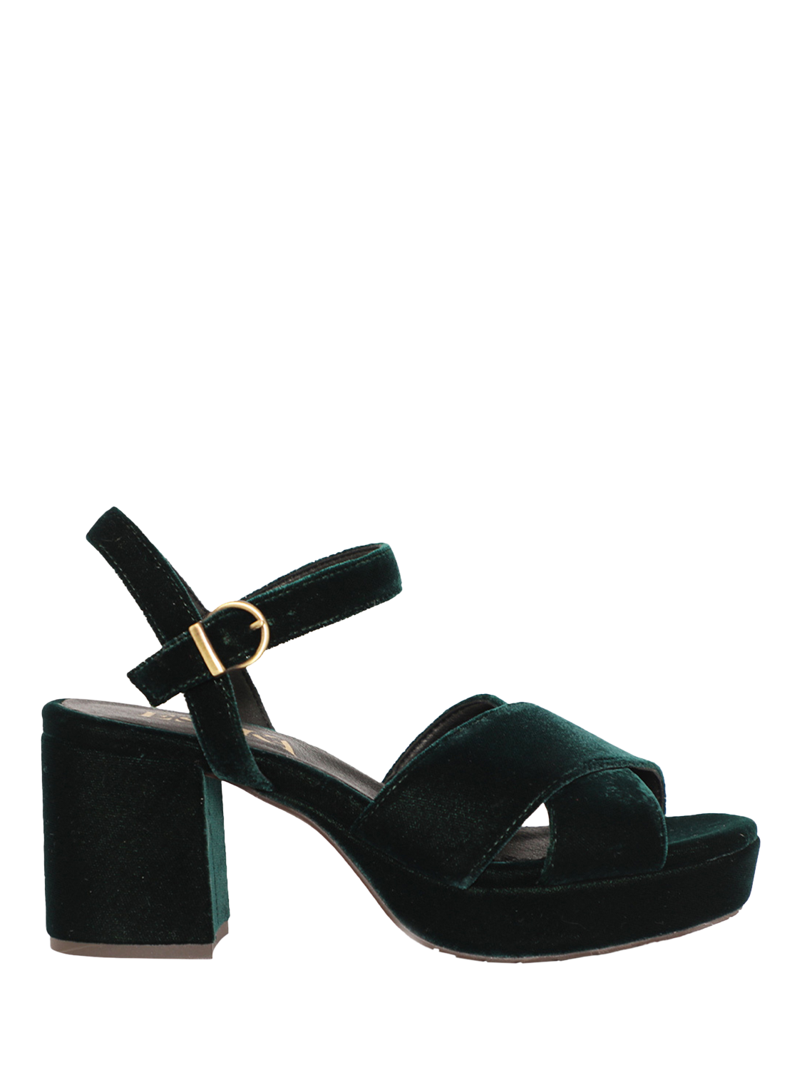 Product image 1 of 4, which shows Esska Clara Velvet Cross Strap Block Heel Sandals, Green, EU37