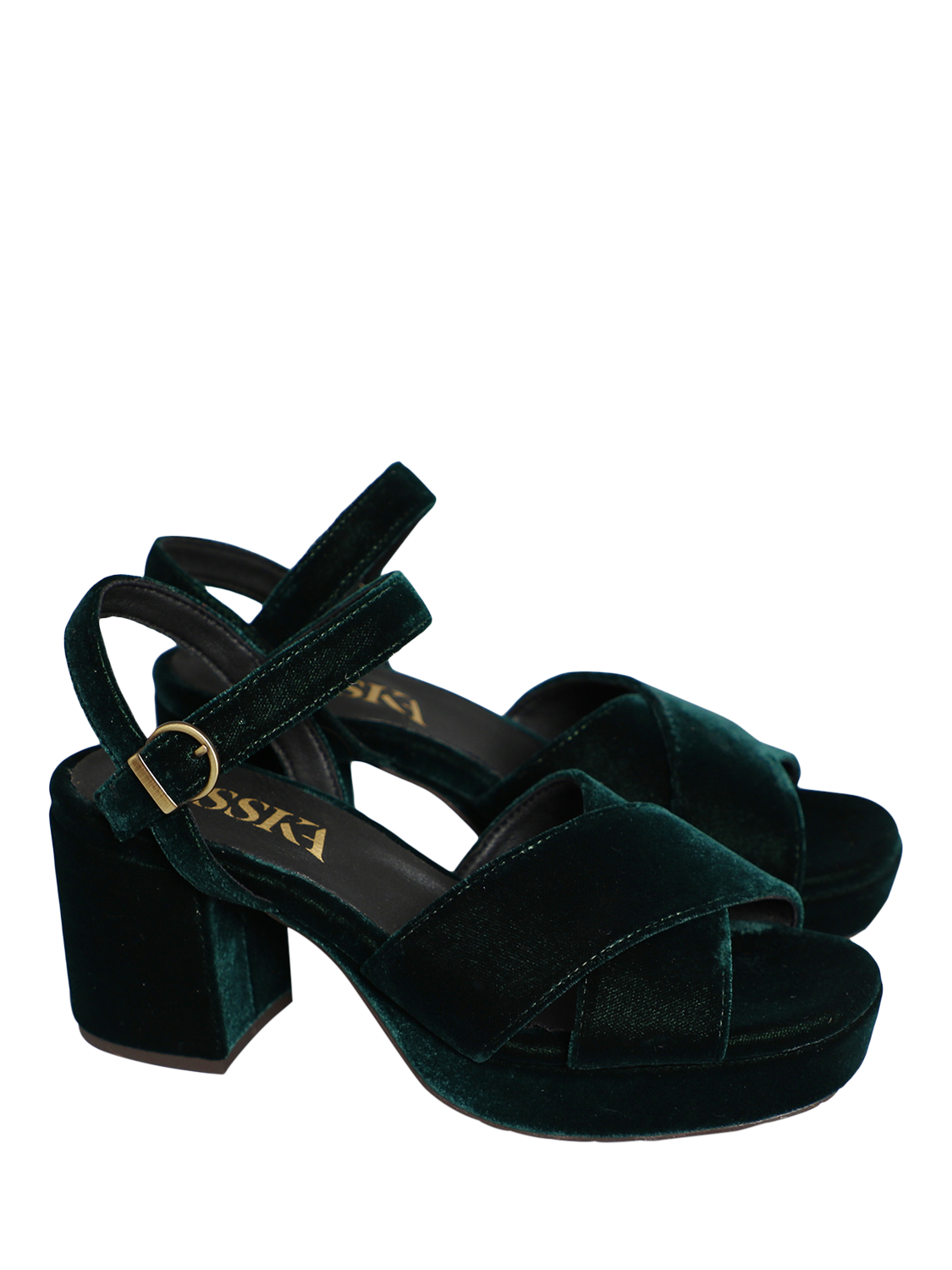 Product image 2 of 4, which shows Esska Clara Velvet Cross Strap Block Heel Sandals, Green, EU37