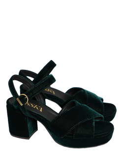 Esska Clara Velvet Cross Strap Block Heel Sandals, Green - view 2, Green