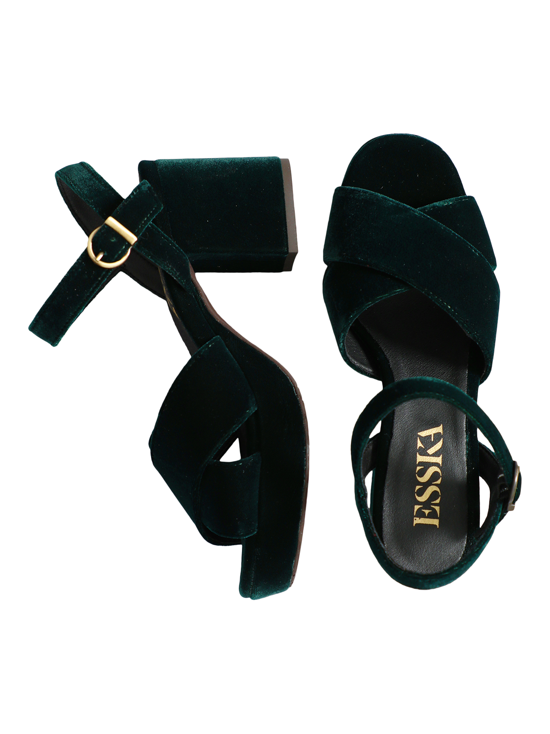 Product image 3 of 4, which shows Esska Clara Velvet Cross Strap Block Heel Sandals, Green, EU37