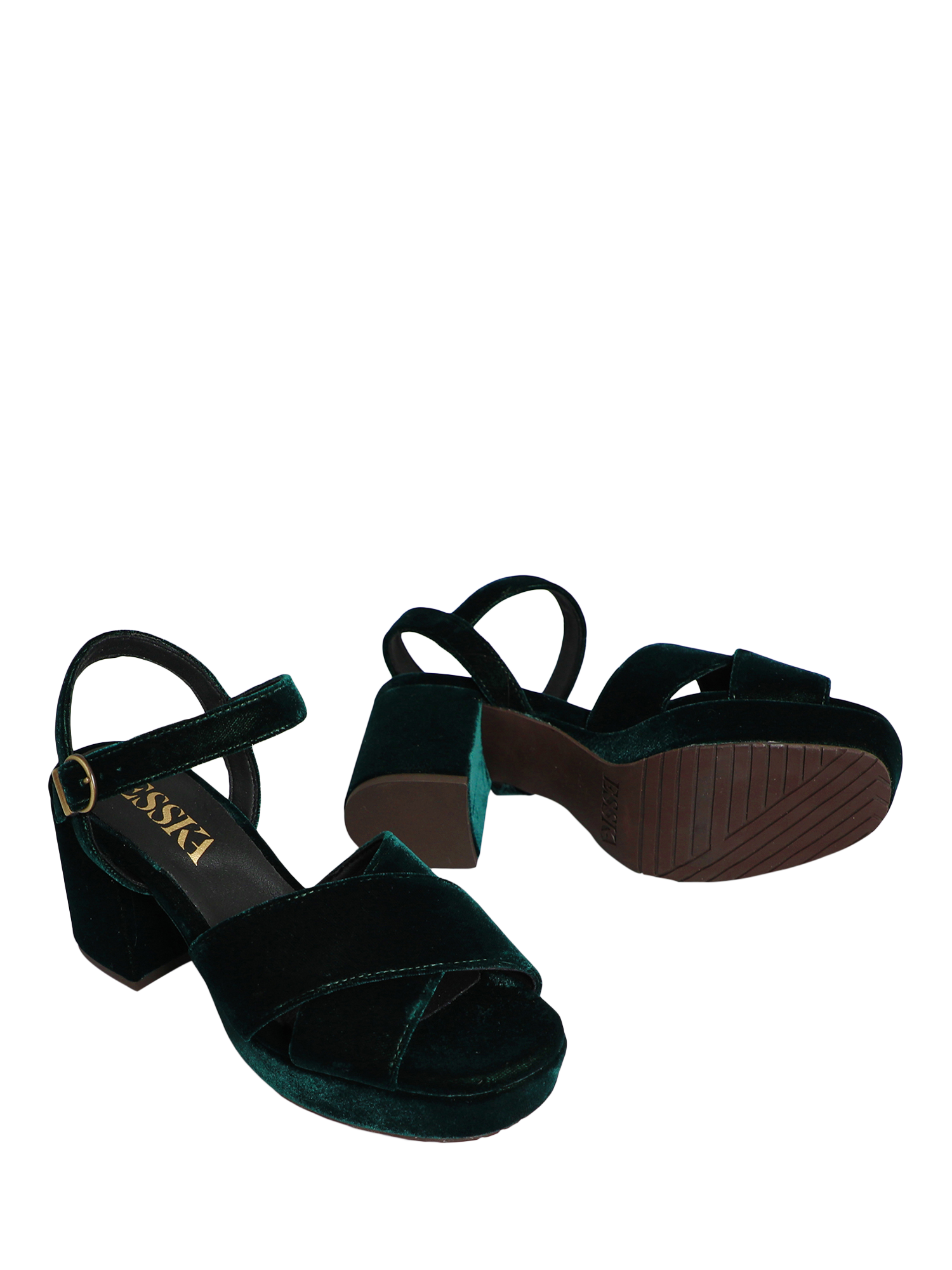 Product image 4 of 4, which shows Esska Clara Velvet Cross Strap Block Heel Sandals, Green, EU37